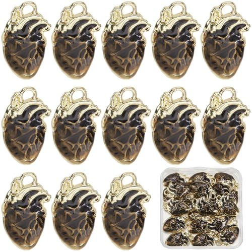 SUNNYCLUE 1 Box 30 Stück Menschlicher Herz Anhänger Gothic Anhänger Großpackung Legierung Schwarzes Emaille Metall Anatomische Antike Silber Gothic 3D Organ Anhänger Für Die Schmuckherstellung von Fra