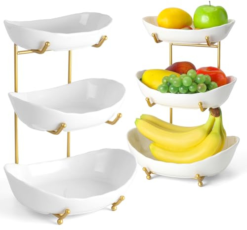 LepoHome Cesta de cerámica de 3 niveles para encimera de cocina, cuencos de servir frutas con soporte de metal, cesta de frutas escalonada para almacenamiento de frutas y verduras, aperitivos, nueces