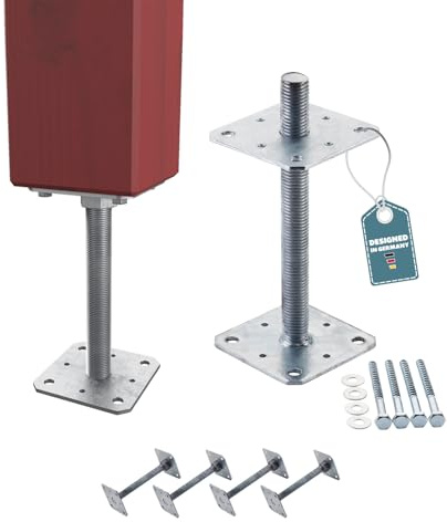 4 x Pfostenträger SILVEROX, M24, 110 x 110 x 250 mm, verzinkt | Betonfuß, regulierbarer Stützen- und Bodenfuß zum Aufschrauben, höhenverstellbar.