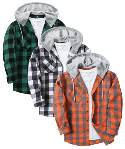 JACKETOWN Camicia da Boscaiolo da Uomo Flanella con Cappuccio a Maniche Lunghe Quadri da Uomo Camicia Casual Vintage a Quadri con Bottoni Giacca con Tasca Confezione da 3 M-3XL
