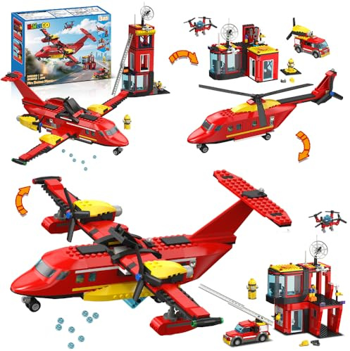 HiWEEGO Juego de construcción 3 en 1 con avión de Rescate Urbano, 803 Piezas de Bloques de construcción con estación de Bomberos, Regalo de cumpleaños o Navidad para niños y niñas Mayores de 6 años