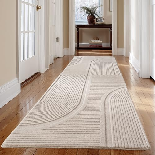 Carpetsale24 Teppich Boho Läufer 80 x 150 cm Creme, Waschbar & Pflegeleicht, Weicher Skandinavischer Deko Teppich mit 3D-Effekt, Ideal für Flur, Küche oder Schlafzimmer