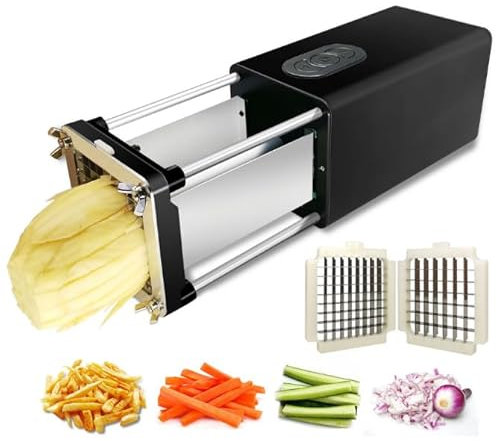 JDBDU Cortador de patatas fritas eléctrico de acero inoxidable, cortador de patatas con cuchillas de 1/2 pulgadas y 3/8 pulgadas, dispositivo cortador de patatas fritas para patatas, zanahorias