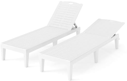 GOPLUS Juego de 2 Tumbonas Jardin Exterior de PP Impermeable, con Respaldo Ajustable en 5 Posiciones, Somier de Listones, Asas y Pies Antideslizantes, Tumbona para Terraza Playa Piscina (Blanco)