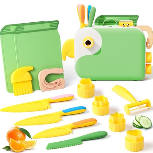 Kit Couteaux Sécurité de Cuisine Enfants - Couteau Montessori Enfants avec Organisateur amusant en forme d'oiseau pour Couper et Cuire des Fruits ou Légumes | Couteaux Enfant qui ne Coupe pas | Vert