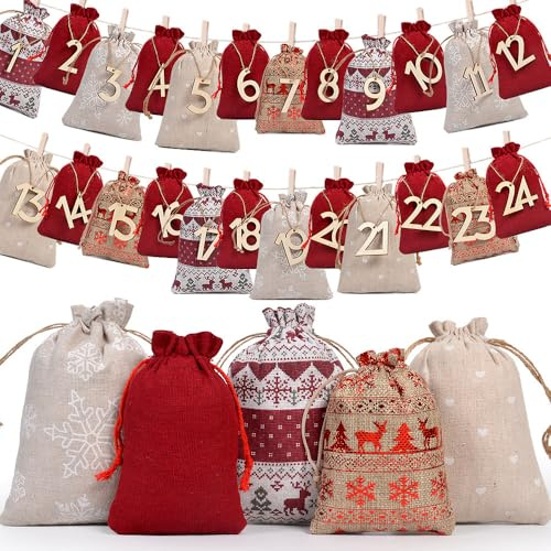 Nordkai Adventskalender zum Befüllen – 24 Stoffbeutel mit Zahlen & Kordel – DIY Weihnachtskalender Set mit Zubehör – Weihnachtsdeko für Familien (Nordic Winter – Rentier & Schnee)