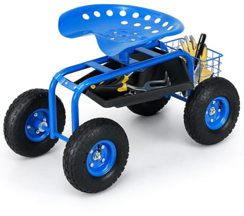 RELAX4LIFE Sgabello da Giardino per Esterno, Portata 130 kg, Sedia Carrello da Giardino con 4 Rotelline, Altezza Regolabile, Sgabello per Giardinaggio Potatura Orto (Blu)