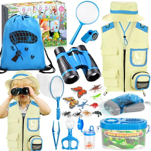 CYJJYZ 23 Pcs Forscherset für Kinder, Entdecker Set mit Fernglas für Kinder, Insektenfänger, Becherlupe, Schmetterlingsnetz, Insektenmodelle, Outdoor Entdeckerspielzeug Geschenk(Blau)