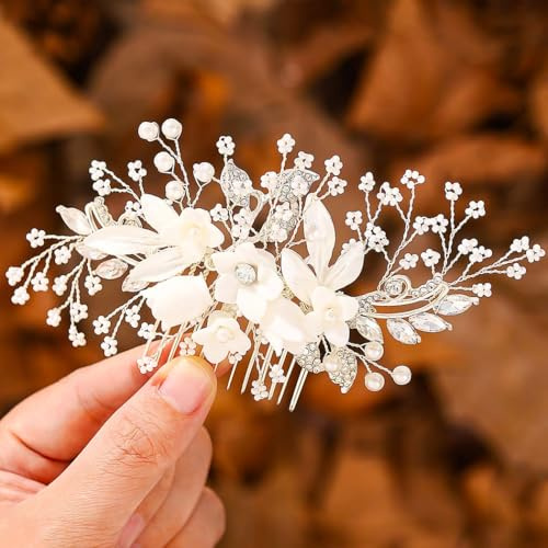 IYOU Peineta de novia plateada Adornos para el cabello con flores Accesorios para el cabello de novia con cristales Accesorios para damas de honor para mujer