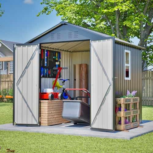 6x6 FT Outdoor Storage Shed with Lockable Doors & Sloping Roof & Clear Window & Floor Frame, Galvanized Steel Metal Garden Tool Shed for Backyard, Patio, Poolside