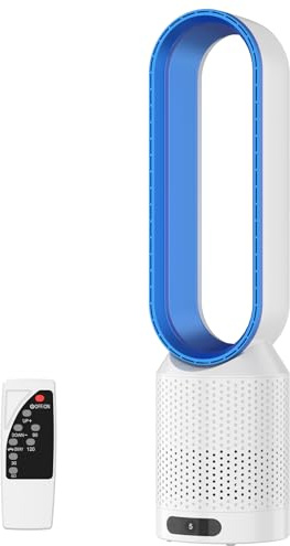 Ventilador sin rotor con mando a distancia, ventilador de torre 2 en 1 muy silencioso y purificador de aire con HEPA, 8 velocidades, oscilación a 90°, temporizador, enfriador de aire, aire