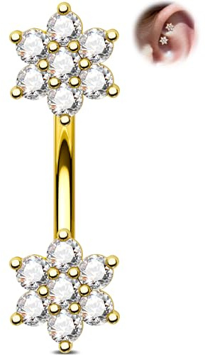 OUFER 16G Flower Gold Rook Piercing Eyebrow Barbell with Clear Cubic Zirconia, Stainless Steel Curved Eyebrow Bar 8 mm Rook Body Piercing Jewellery for Women Elegant