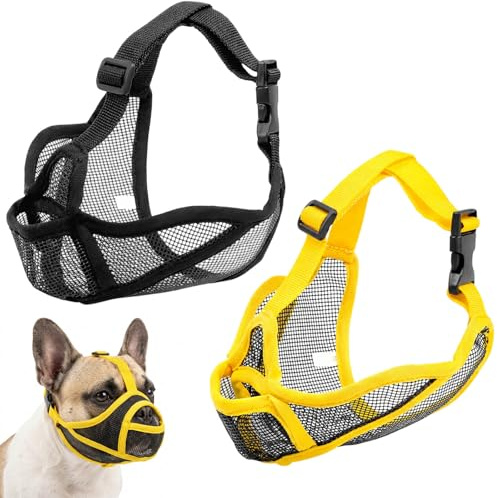 2 Stück Maulkorb Set Schwarz Und Gelb Größe M, Maulkorb Französische Bulldogge, Atmungsaktiver Fressschutz Für Kleine Hunde, Giftköderschutz Mit Verstellbarem Sitz
