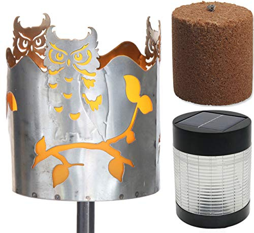 Gartenfackel Eule Feuerschale Metall mit Stiel Brennmittel Solarlampe LED