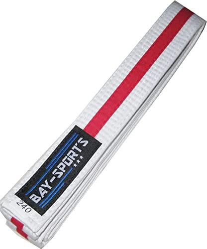BAY Sports Budogürtel, Kampfsportgürtel, weiß/rot/weiß zweifarbig dreifarbig mit Mittelstreifen Wettkampfgürtel Budo Gürtel Kampfsport Karate Judo Taekwondo (200 cm)