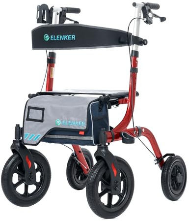 ELENKER All-Terrain Rollator Walker with Seat, Outdoor Rolling Walker, 12” Non-Pneumatic Tire Front Wheels, Compact Folding Design for Seniors, Red