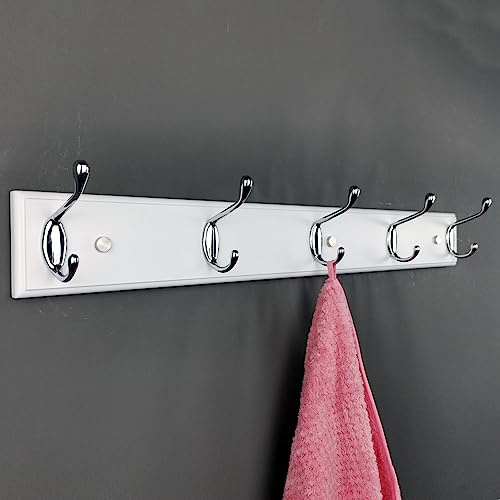 lomejii Lang Wandgarderobe weiß Holz mit 5 Silber Haken, 60cm Breit, Starker Hakenleiste für Mantel, Hut, Tasche, Große Moderne Garderobenleiste für den Eingang Flur Schlafzimmer, Garderoben