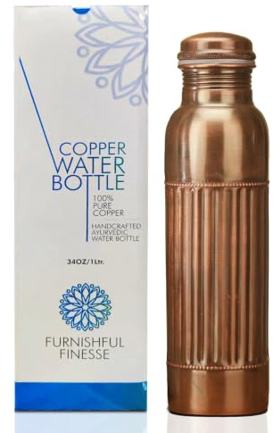 FURNISHFUL FINESSE Borraccia ayurvedica in rame da 1000 ml, con borsa trasporto, a prova perdite, realizzata a mano, bottiglia rame anticato, per palestra, ufficio, escursionismo