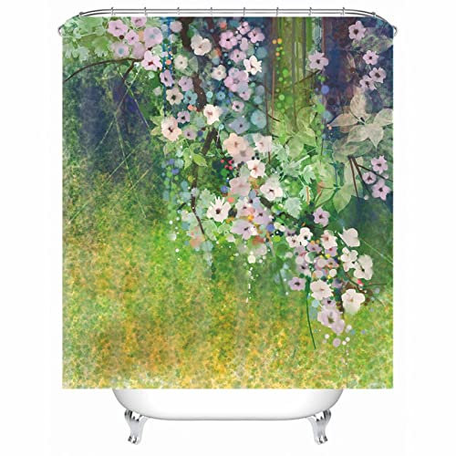 Skcess Duschvorhang Badewanne Grün, Polyester Duschvorhang Wasserdicht Blattblumen Badvorhang Anti-Schimmel 150x180CM
