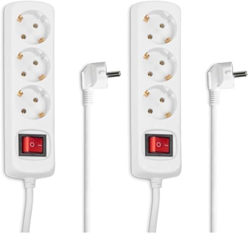 Hama Steckdosenleiste 3-Fach (Mehrfachsteckdose mit Save Energy-Schalter zum Stromsparen, Steckplätze 45 Grad gedreht, Kabel 1,4m, GS geprüft, Mehrfachstecker für Home Office) weiß (Packung mit 2)