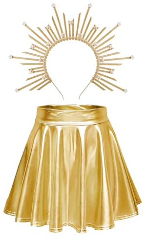 BOFUNX Sonnengöttin Kostüm, Metallischer Faltenrock glänzend Kurz Rock + Halo Haarreif gold Haarschmuck für Karneval Mottoparty Sonne Kostüm Zubehör