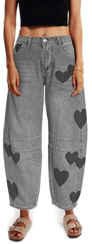 Barrel Jeans för kvinnor Mid Rise Hjärta Tryckt Denim Ankelbyxor Vintage Baggy Pojkvän Jeans, Svart, S