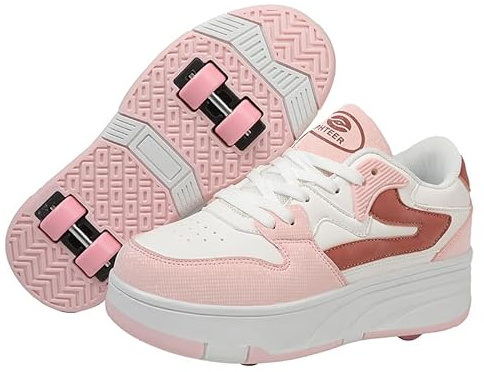 Mateju Chaussures à Roulette Garçons Filles, 2 en 1 Patins à roulettes Retractable Enfant avec 4 roulettes Chaussures de Skateboard Réglables Adolescents pour Intérieur Extérieur