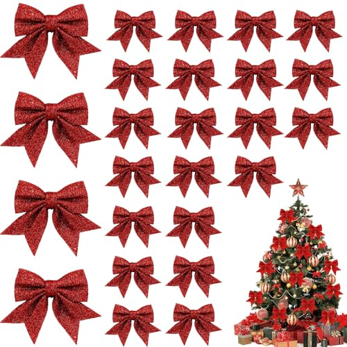 EHIOG 24 Stück Rote Schleifen Weihnachten, Glitzer Schleifen, Christbaumschmuck Geschenkschleife Deko, Weihnachtsschleifen für Zuhause Hochzeit Weihnachtsfeier Deko(14x14cm)