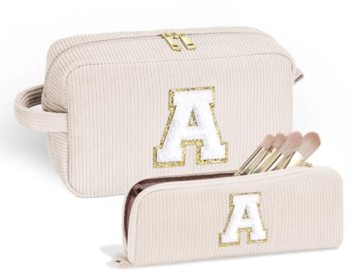 Parima Personalisiert Geschenke für Frauen - Cord Reise Kosmetiktasche Klein Make Up Tasche Organizer Tragbare Makeup Bag Personalisierte Geschenke für Frauen Mädchen Kosmetiktasche mit Buchstaben A