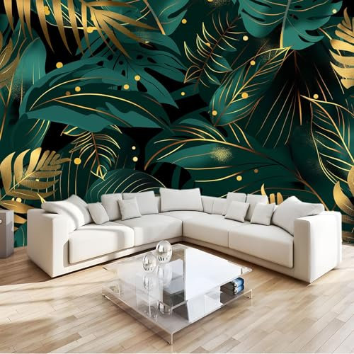 Fototapete Blätter Grün Pflanzen Gold 200x140 cm 3D Vliestapete Wandbild, Mustertapete Moderne Wandtapete, Wohnzimmer Schlafzimmer Kinderzimmer Büro Flur Wanddeko