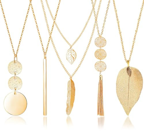 Lucktao 5 Stück Modeschmuck Kette,Mode Anhänger Halskette Schmuck,Lange Pullover Halsketten,Feder Kreis Blatt Schloss Quaste Y-Halskette Schmuck-Set,Lange Kette Gold,Kette Lang Gold,Modeschmuck Set