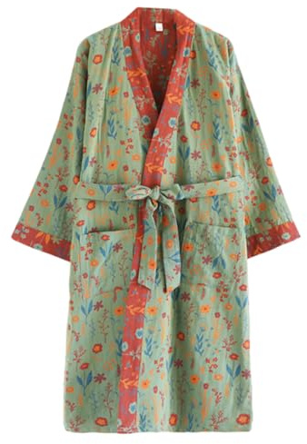 Cotton Double Gauze Traditional Hanfu Midi-length Nightdress Printing Tie-belt Bathrobe Loose Pajamas Comfortable Nightgown Sweat Steaming Yukata Sauna Suit Sleepwear Kimono for Women Large(Green)
