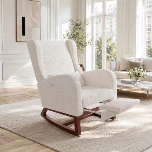 POYHKFD Poltrone da soggiorno a dondolo, sedia imbottita, sedia scandinava con base in legno, braccioli spessi, 2 tasche laterali, 1 cuscino lombare (colore beige d)