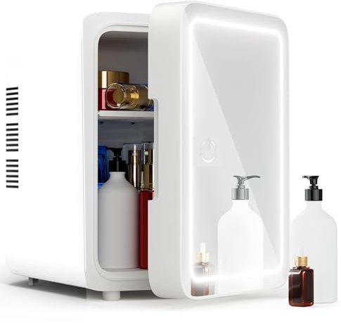Skincare Beauty frigorifero con specchio LED dimmerabile, 4 l, mini frigorifero per trucco per camera da letto, cosmetici, cura della pelle, più fresco e caldo, per auto, ufficio e cibo (bianco)