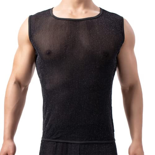Malla Transparente Ver a Través Chaleco Camiseta Mangas Rejilla para Hombre(Size:S,Color:Negro)