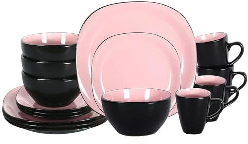 HomeVSS Square 16-Piece Dinner Set - Ceramic Dinnerware Set for 4, Square Plates & Bowls Set with Dual-Tone Glaze (Shiny Rose), Dishwasher & Microwave Safe, Modern Dish Sets for Daily