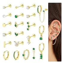 JeweBella 21 st örhängen för kvinnor och män, allergivänliga, 316L kirurgiskt stål, 14k guldpläterade, multi-piercing, brosk, tragus, helix örhängen i ett stycke