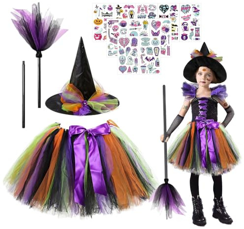 Betensh Deguisement sorciere fille, costume sorciere enfant Halloween Sorcière Costume Chapeau Jupe En Tulle Tutu Robe Pour Fête Halloween CarnavalHalloween Kostüm für Kinder