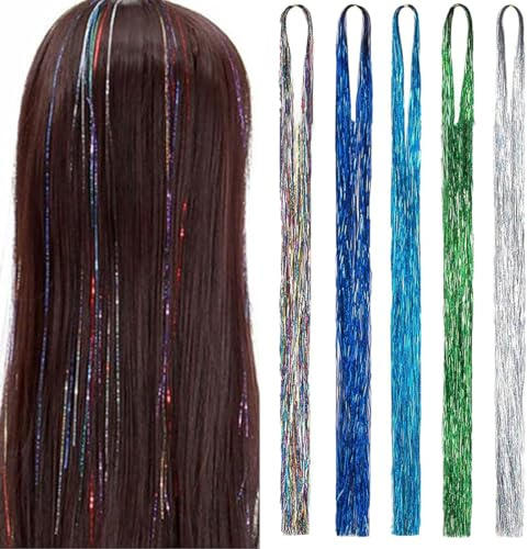 HABNI 1000 Pcs Glitzer Haarsträhnen Hair Tinsel Haar Lametta Glitzer Haarsträhnen Kit Glitzersträhnen Für Haare Festival Party Haar Glitzer Tinsel Hair Fairy Hair Für Mädchen 5 Farbe 120Cm