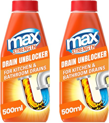 Max Strength Drain Unblocker 1L (2 x 500ml) - Fast-Acting Drain Cleaner | Powerful Drain Cleaner for Kitchen & Bathroom Drains, Helps Clear Hair, Grease & Food Build-Up, For PVC & Metal Pipes