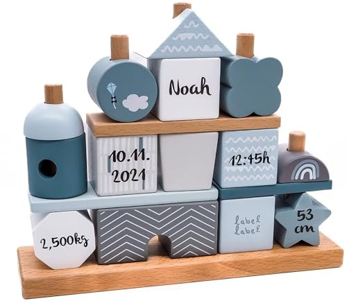 Mainely Personalisiertes Holz Steckspiel Haus Blau – Baby Geschenk zur Geburt Junge – mit Name & Geburtsdaten – Babyspielzeug aus Holz – Geburtsgeschenk & Geschenk Taufe Junge