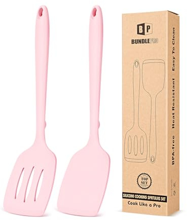 Pack of 2 Silicone Spatula Turners, Non Stick Slotted Kitchen Spatula Set, Heat Resistant BPA Free Kitchen Utensils, One-Piece Design, Suitable for Flipping Fish, Eggs, Steak, Pancakes (PINK)