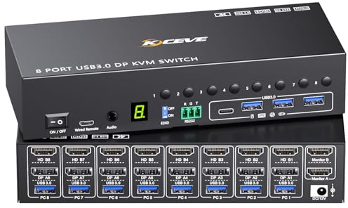 Switch KVM DisplayPort HDMI a 8 porte, 2 monitor, 8 computer, simulazione EDID 4K a 60 Hz, 8 PC Dual Monitor KVM Switch con 4 porte USB 3.0, audio, RS232, con telecomando cablato, adattatore di
