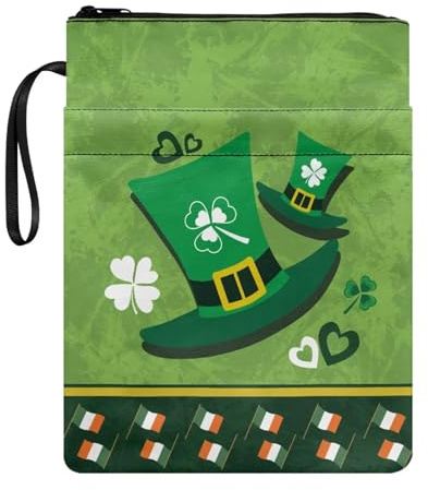 Poceacles Leprechaun-Hut Kleeblatt Buchhülle mit Reißverschluss, Buchcover mit irischer Flagge für Taschenbuch Hardcover Notizbuch Bibel Journal Lehrbücher für St. Patricks Day