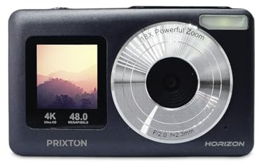 PRIXTON Cámara Digital Horizon DC915 con Pantalla Dual, Resolución 4K 48MP, Zoom 18X, Autonomía 120 min, Tarjeta SD hasta 64GB