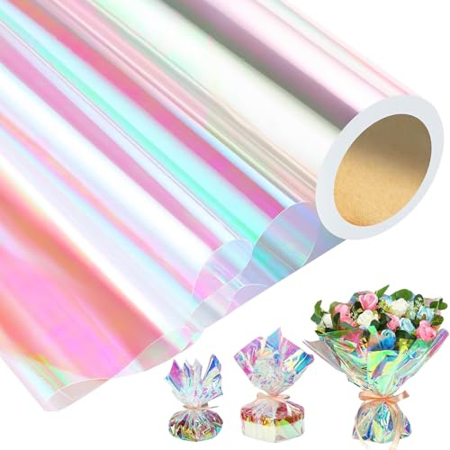 Irisierende Folie, Schillernd Cellophan Rolle 88cmx15m, Geschenkfolie Transparent Regenbogen, Geschenkfolie Farbig, Geschenkpapier Folie für Hochzeiten Blumen Geschenkkörbe Snacks Geschenk Süßigkeiten