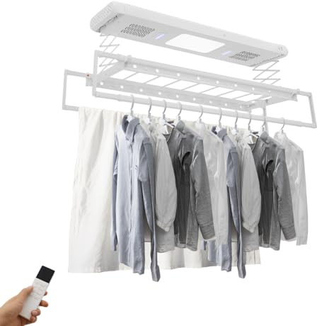 Armanyya Secador eléctrico de ropa para pared y techo, con ventilador y mando a distancia, estante para ropa, barra de ropa 130-215 cm, iluminación led, 50 m, mando a distancia (blanco)