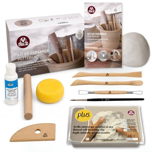 Kit Arcilla Secado al Aire PLUS | Arcilla Blanca Natural Fácil de Modelar | Sin Horno | Incluye 7 Herramientas, Barniz y Dossier con Ideas | Manualidades para Niños y Adultos | SIO-2