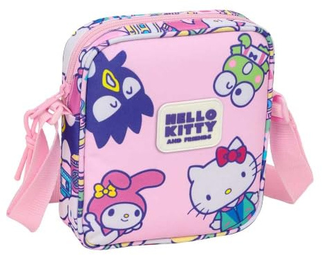 Safta | Bandolera Infantil Hello Kitty & Friends, Bolsito Cruzado con Correa Ajustable, Compartimento con Cremallera, Diseño Rosa con Personajes, Ligera y Resistente, Medidas 16x4x18 cm