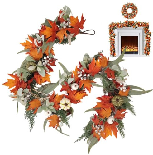 Höstgirlang 6 fot livfull väderbeständig | Höst spisel eldstad heminredning för skörd hem öppen spis trappa dörrkarm bord fönsterbräda
